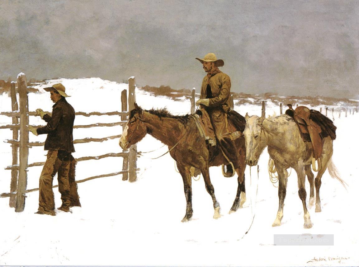 Cowboy at barn in winter Oil Paintings